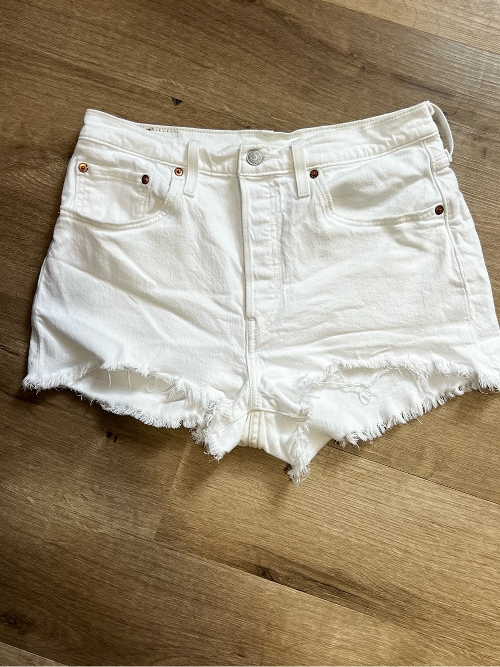 Levi's White High-Rise Frayed Hem Jean Shorts